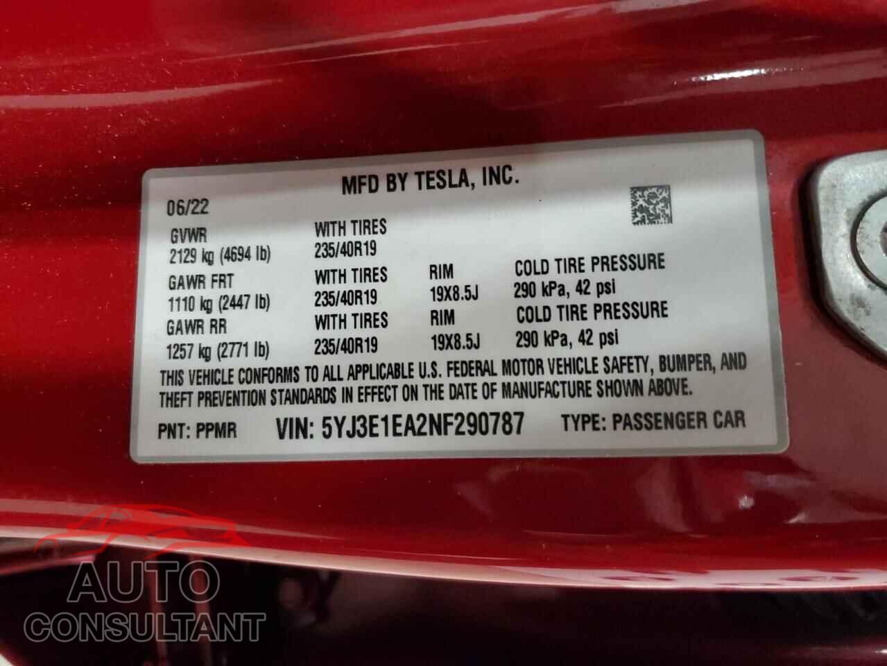 TESLA MODEL 3 2022 - 5YJ3E1EA2NF290787