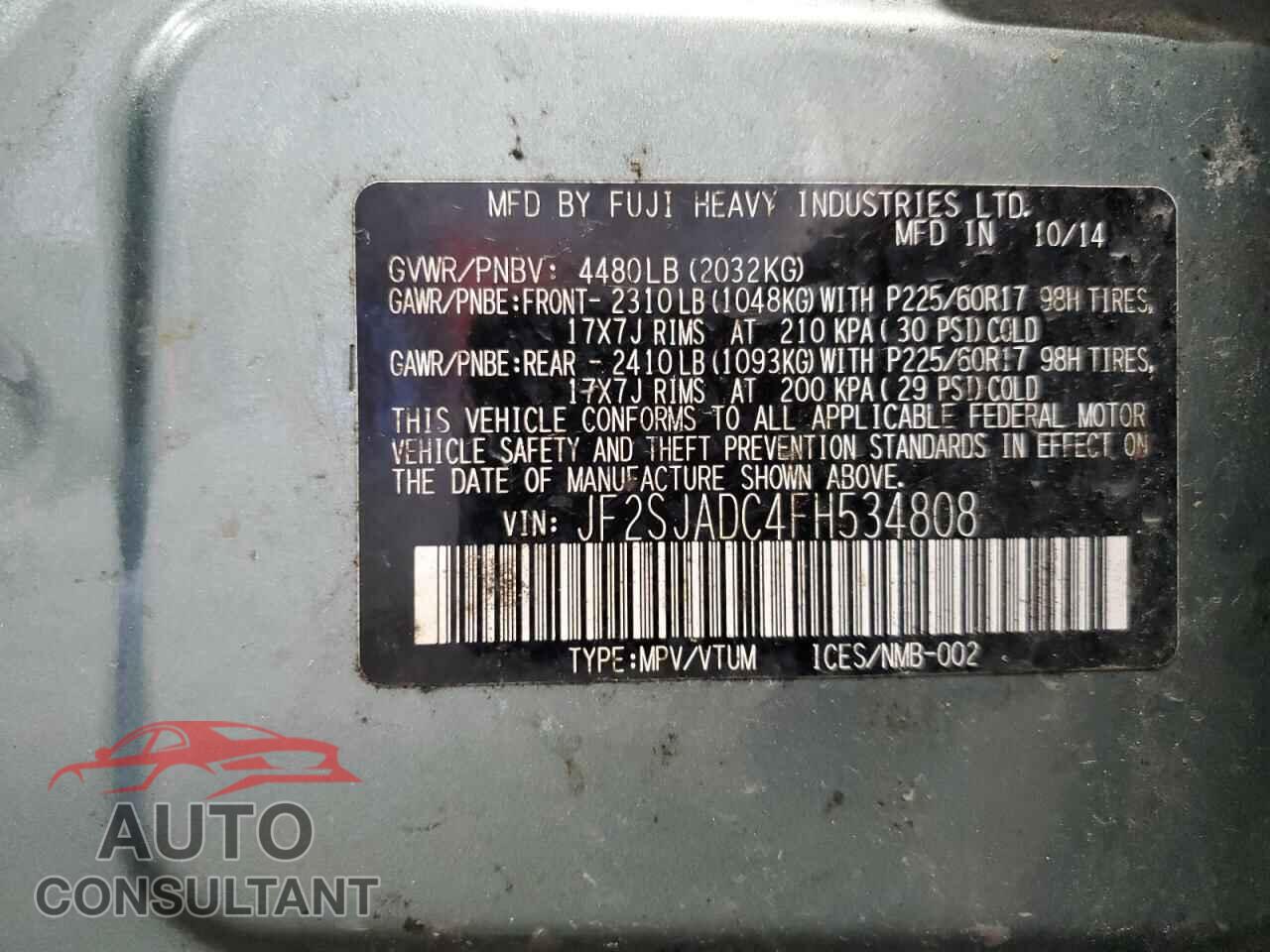 SUBARU FORESTER 2015 - JF2SJADC4FH534808