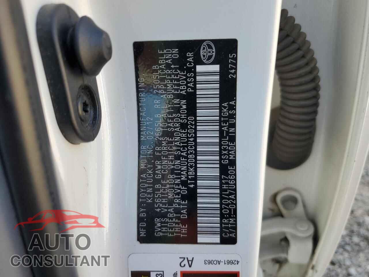 TOYOTA AVALON 2012 - 4T1BK3DB3CU450220