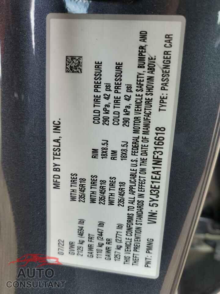 TESLA MODEL 3 2022 - 5YJ3E1EA1NF316618