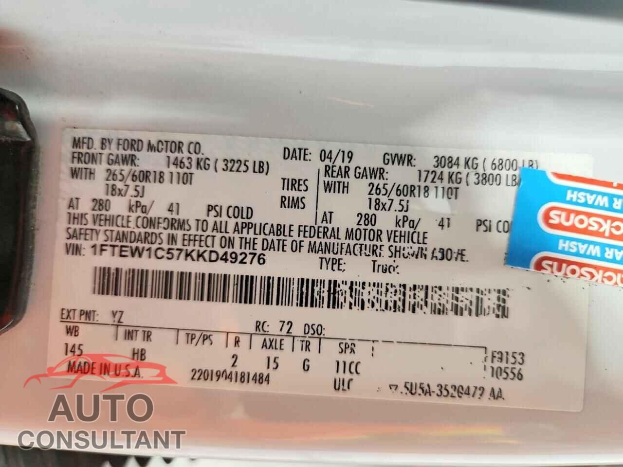 FORD UNKNOWN 2019 - 1FTEW1C57KKD49276