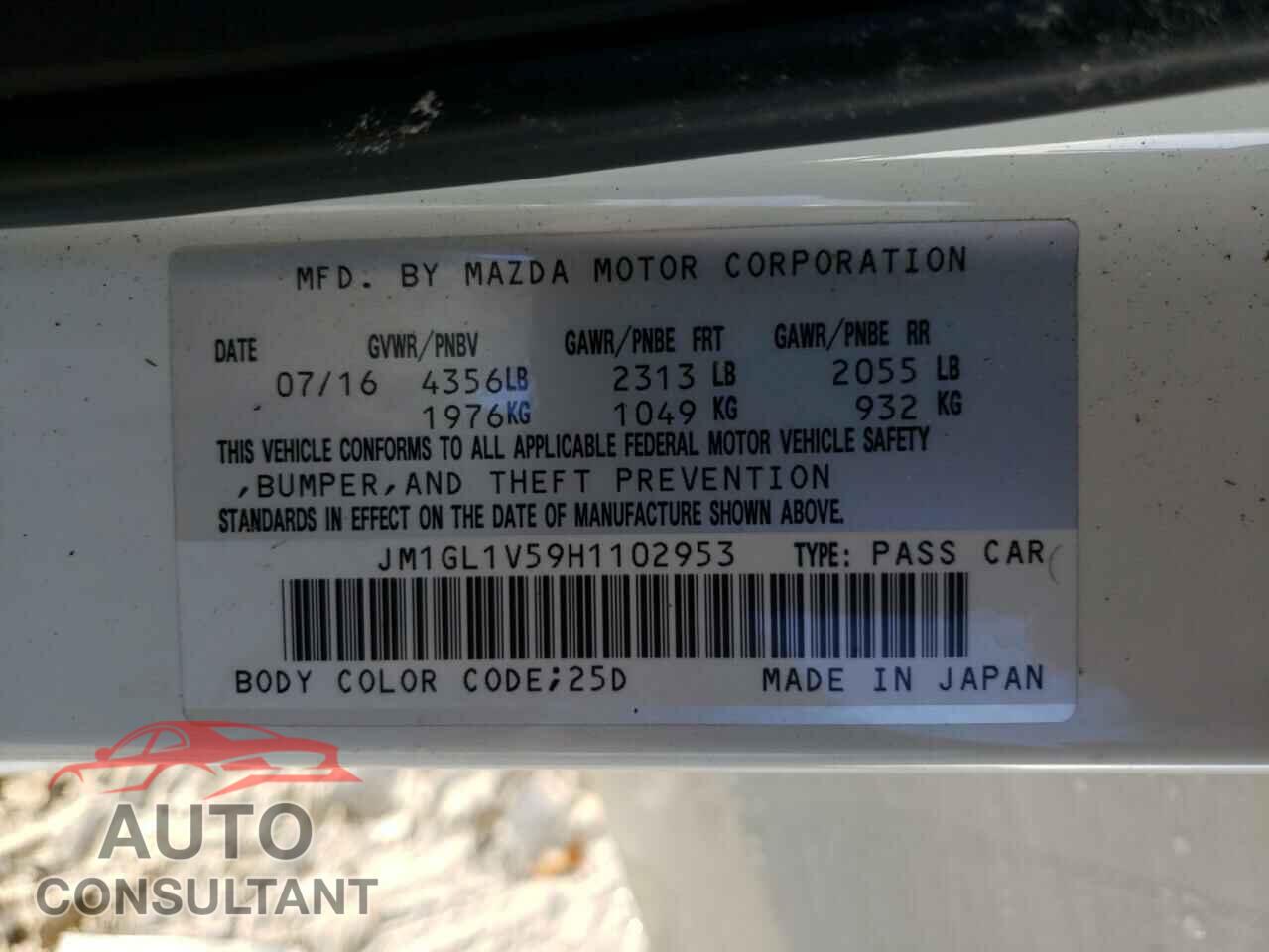 MAZDA 6 2017 - JM1GL1V59H1102953