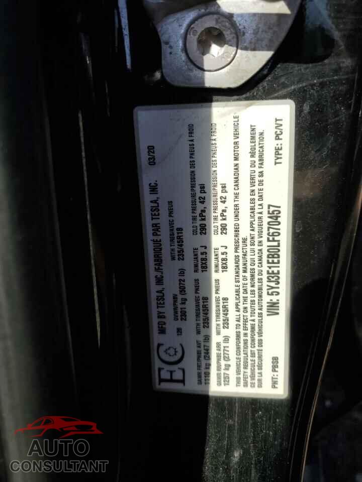 TESLA MODEL 3 2020 - 5YJ3E1EB0LF670457