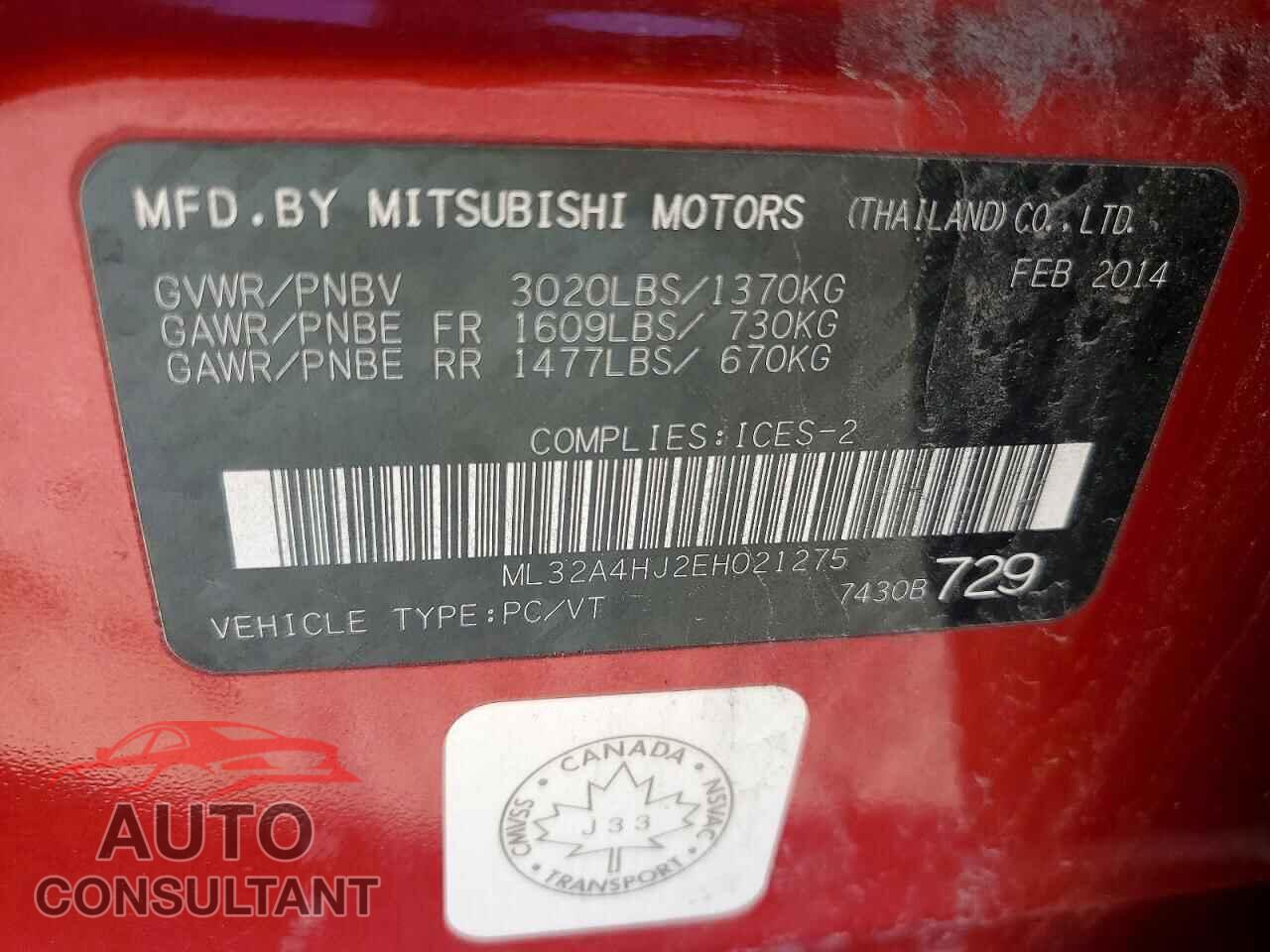 MITSUBISHI MIRAGE 2014 - ML32A4HJ2EH021275