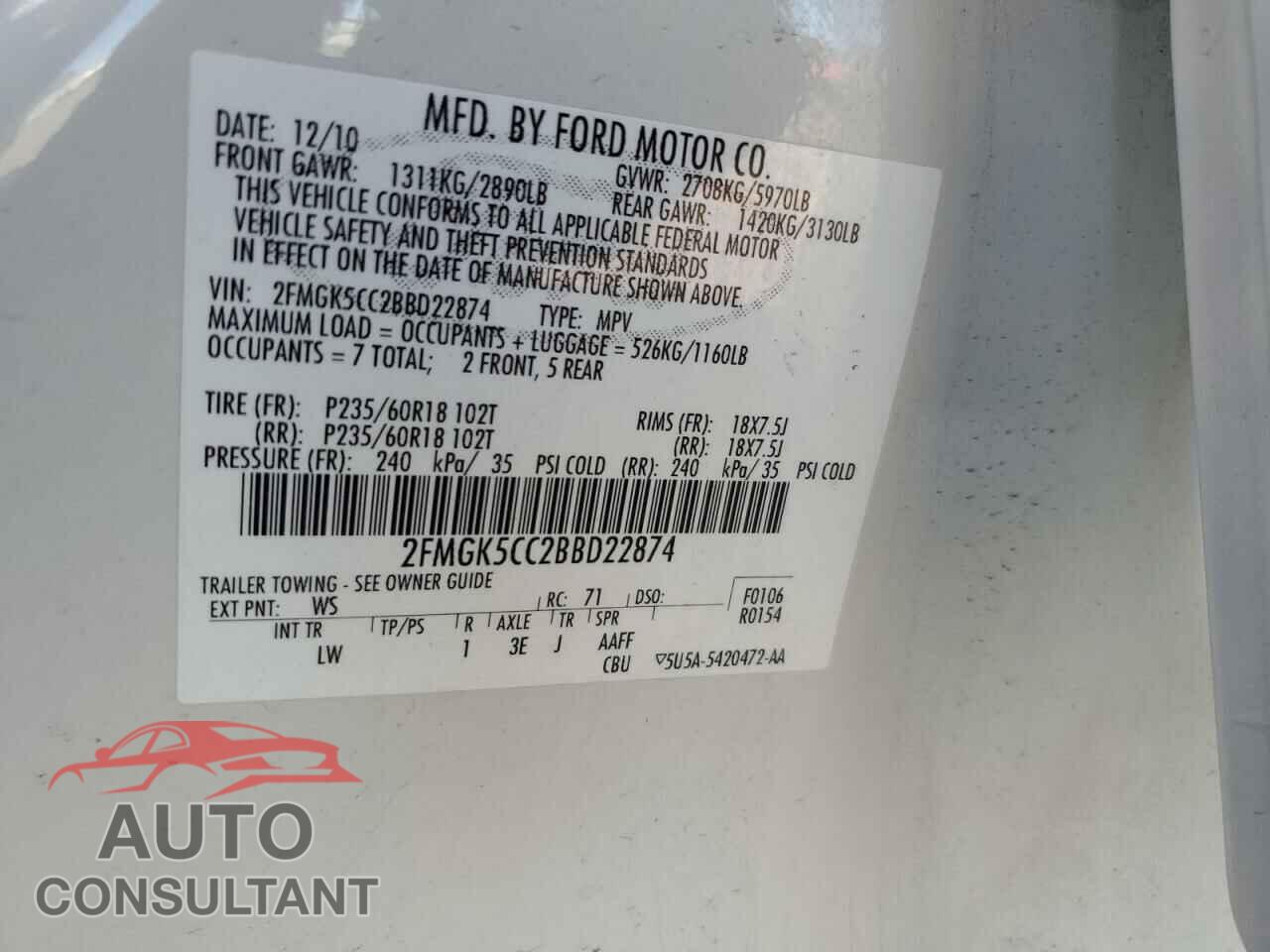 FORD FLEX 2011 - 2FMGK5CC2BBD22874