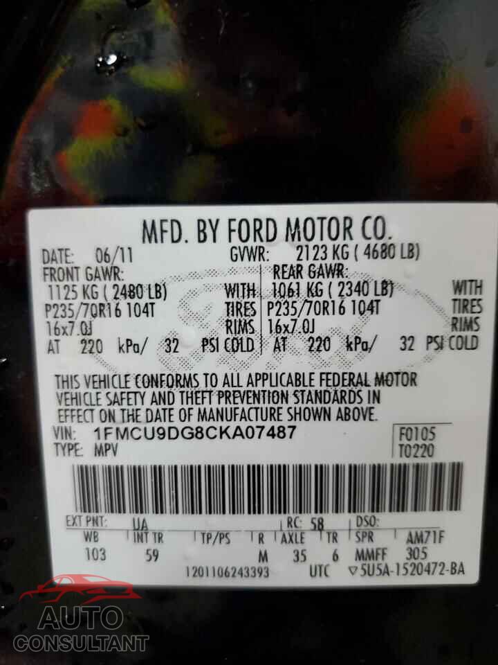 FORD ESCAPE 2012 - 1FMCU9DG8CKA07487