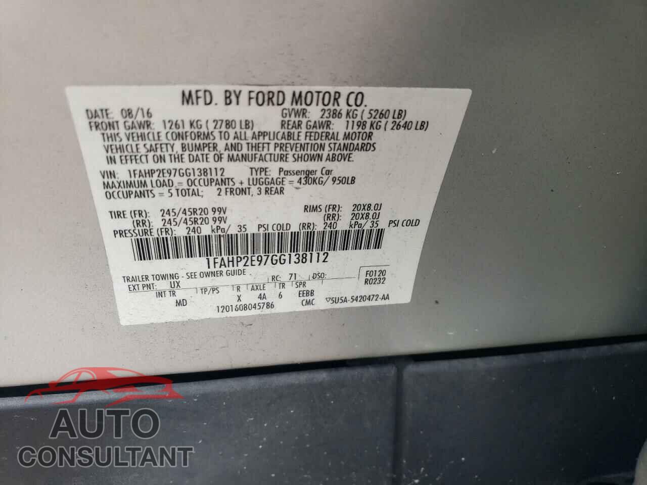 FORD TAURUS 2016 - 1FAHP2E97GG138112