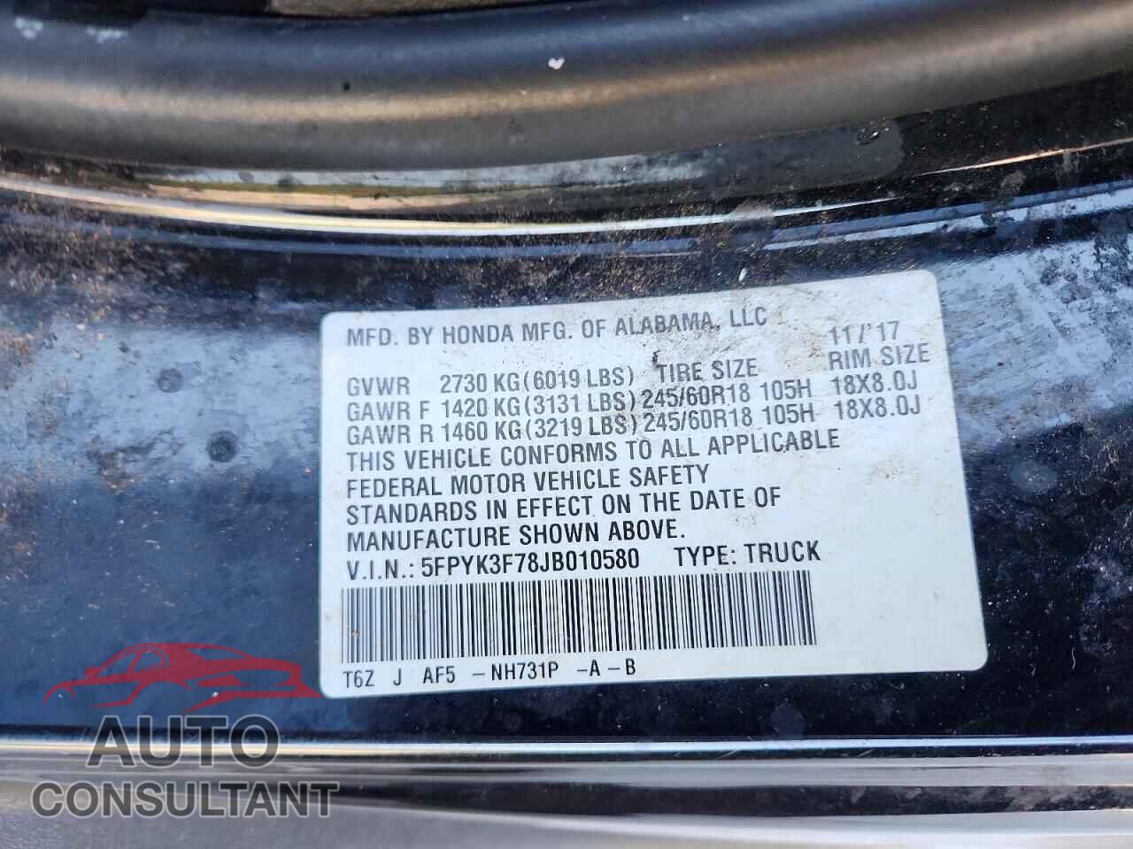 HONDA RIDGELINE 2018 - 5FPYK3F78JB010580