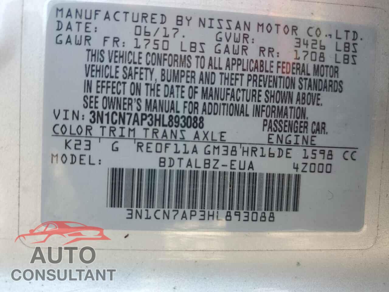 NISSAN VERSA 2017 - 3N1CN7AP3HL893088