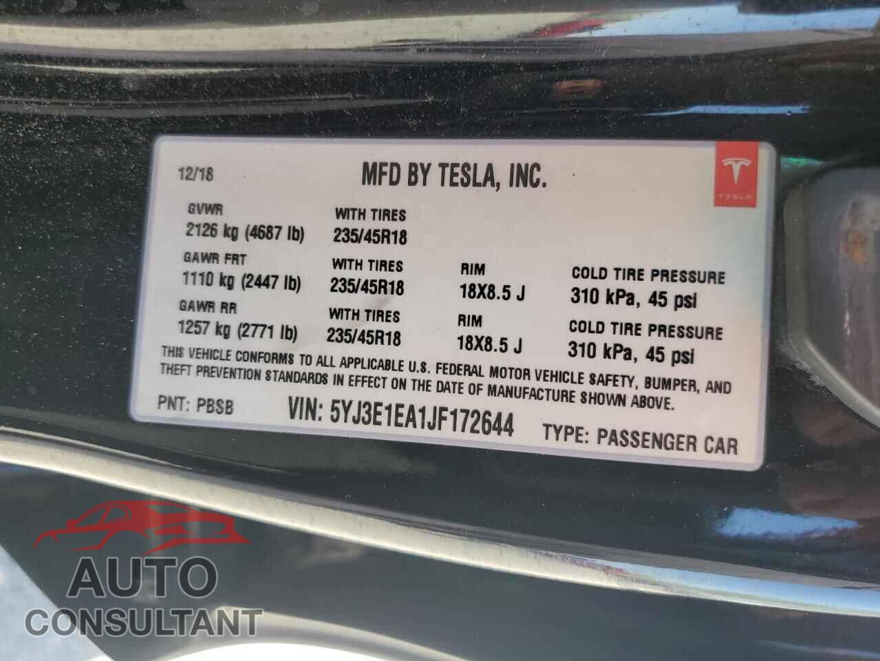 TESLA MODEL 3 2018 - 5YJ3E1EA1JF172644