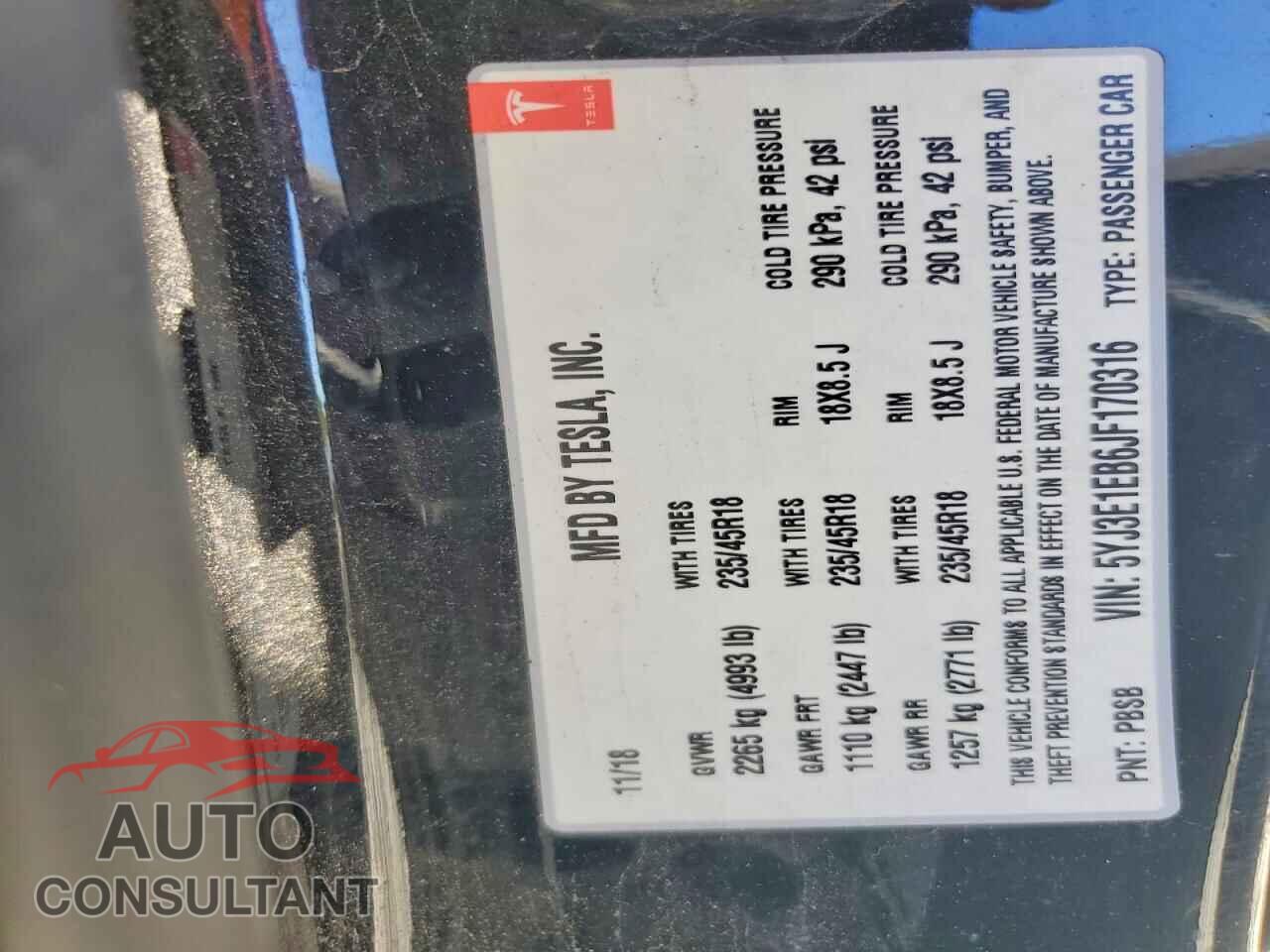 TESLA MODEL 3 2018 - 5YJ3E1EB6JF170316