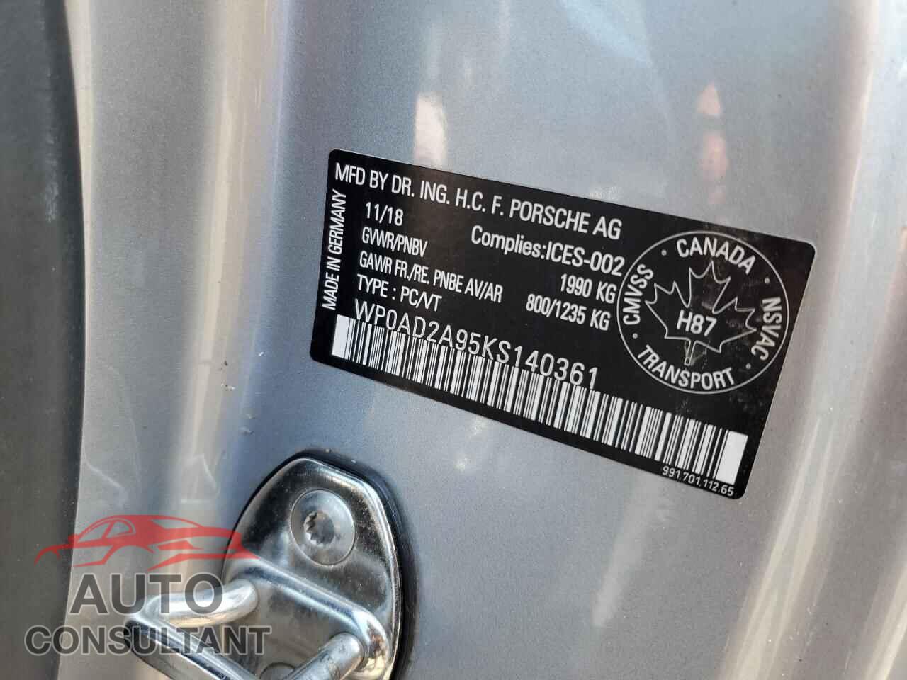 PORSCHE 911 2019 - WP0AD2A95KS140361