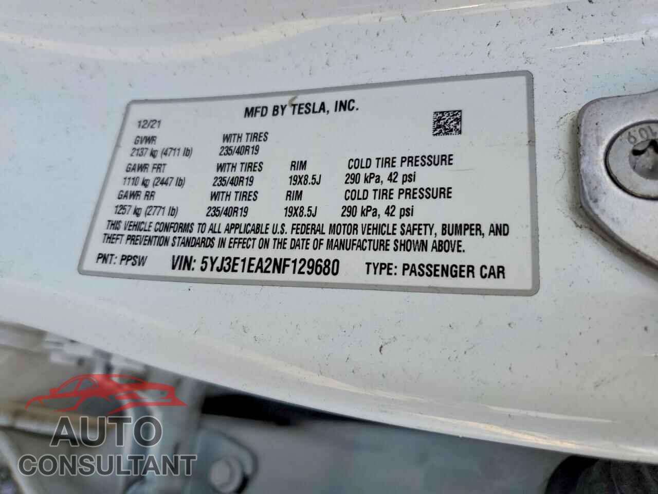TESLA MODEL 3 2022 - 5YJ3E1EA2NF129680