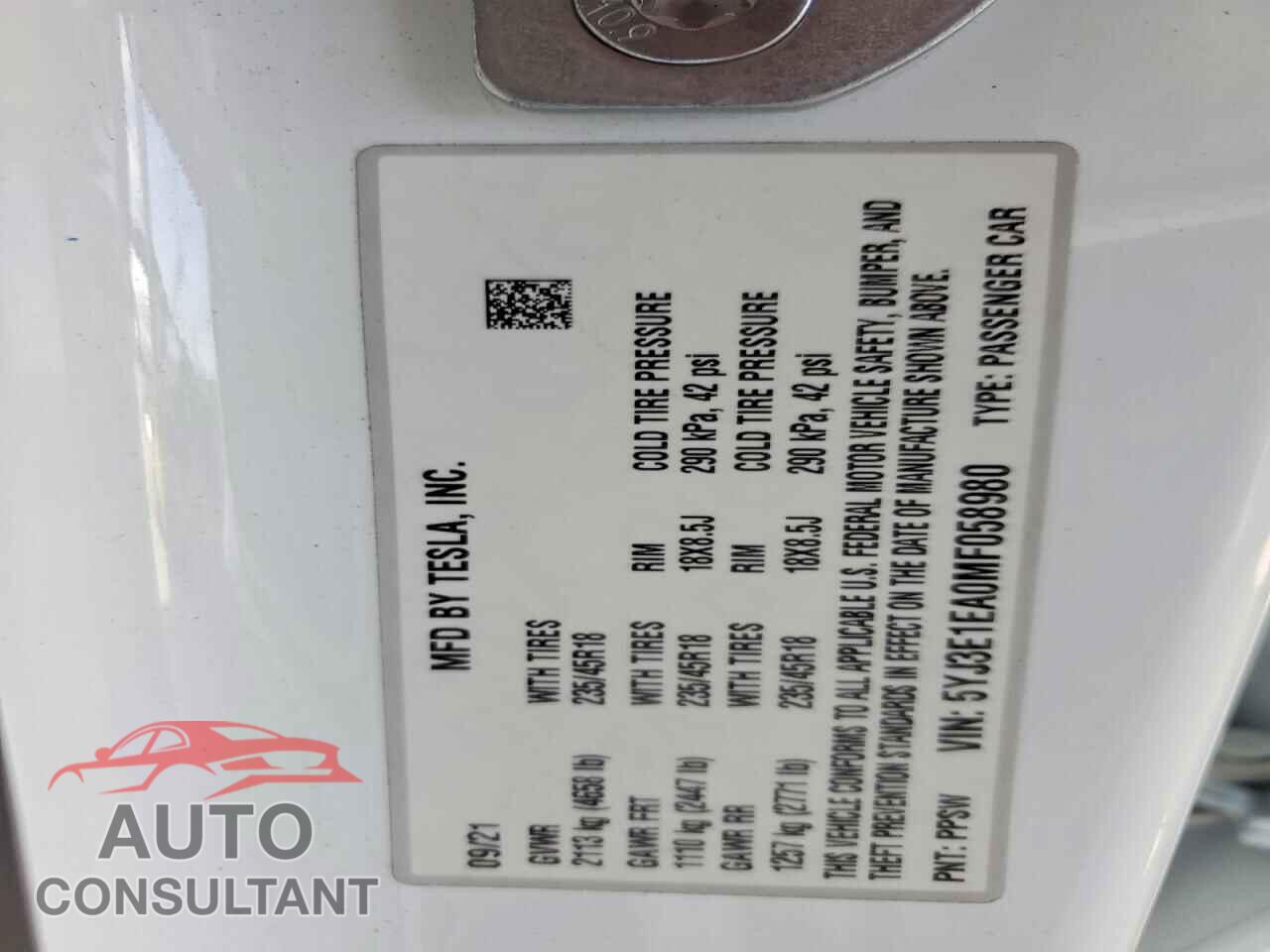 TESLA MODEL 3 2021 - 5YJ3E1EA0MF058980