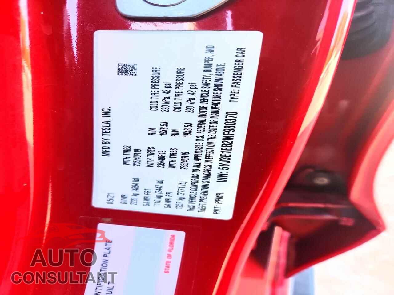 TESLA MODEL 3 2021 - 5YJ3E1EB2MF980370