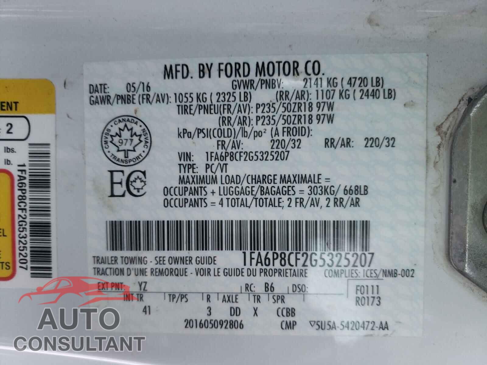 FORD MUSTANG 2016 - 1FA6P8CF2G5325207