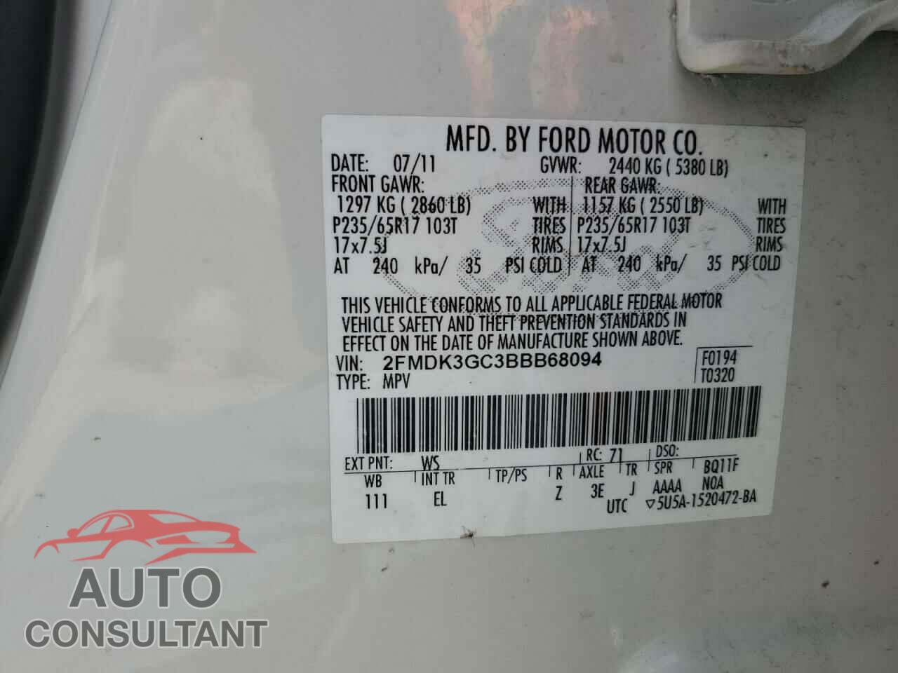 FORD EDGE 2011 - 2FMDK3GC3BBB68094