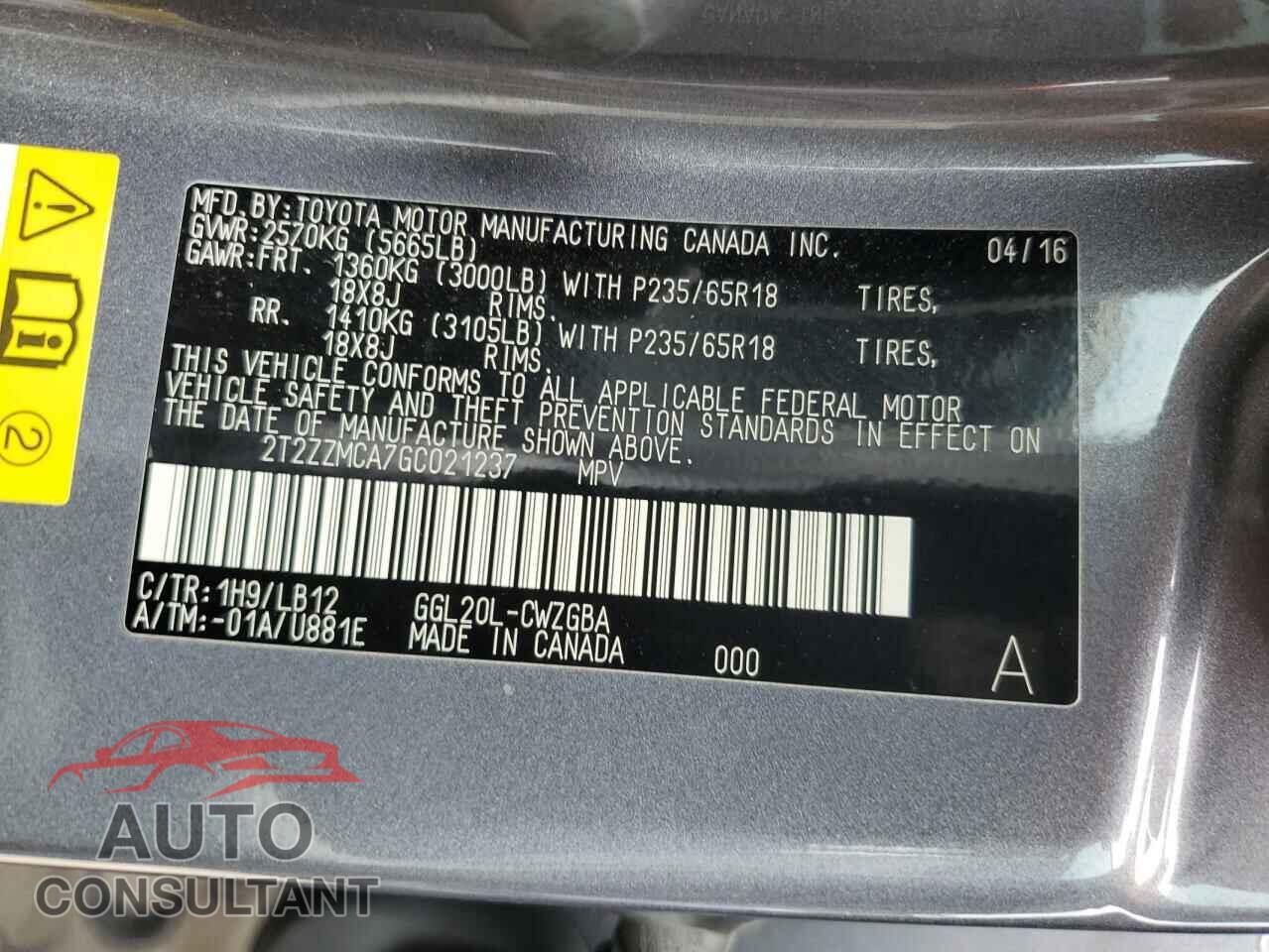 LEXUS RX350 2016 - 2T2ZZMCA7GC021237