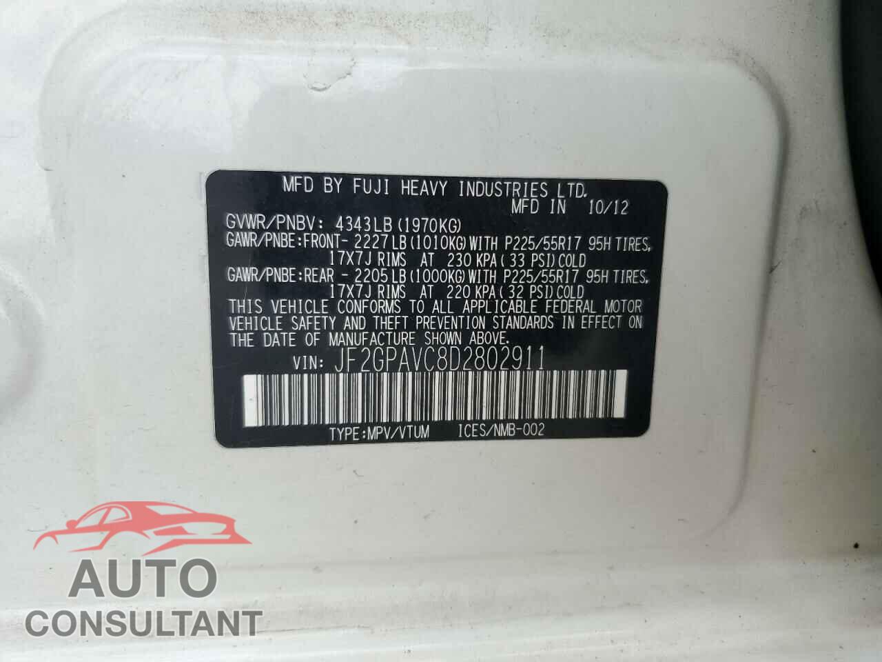 SUBARU XV 2013 - JF2GPAVC8D2802911