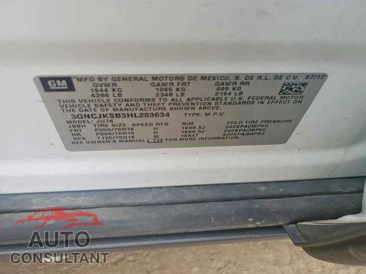 CHEVROLET TRAX 2017 - 3GNCJKSB3HL283634