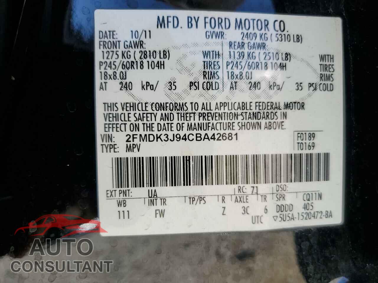FORD EDGE 2012 - 2FMDK3J94CBA42681