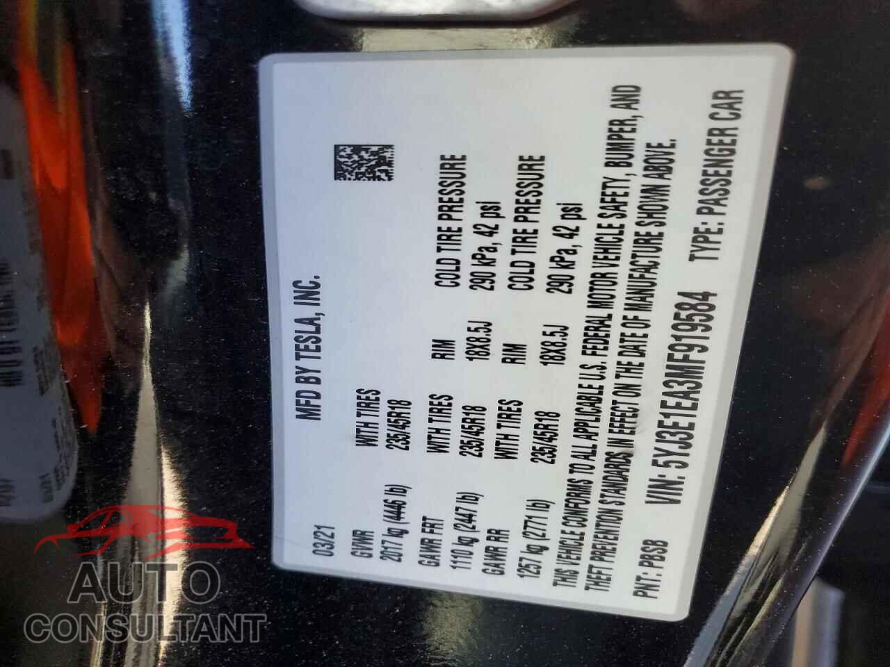 TESLA MODEL 3 2021 - 5YJ3E1EA3MF919584
