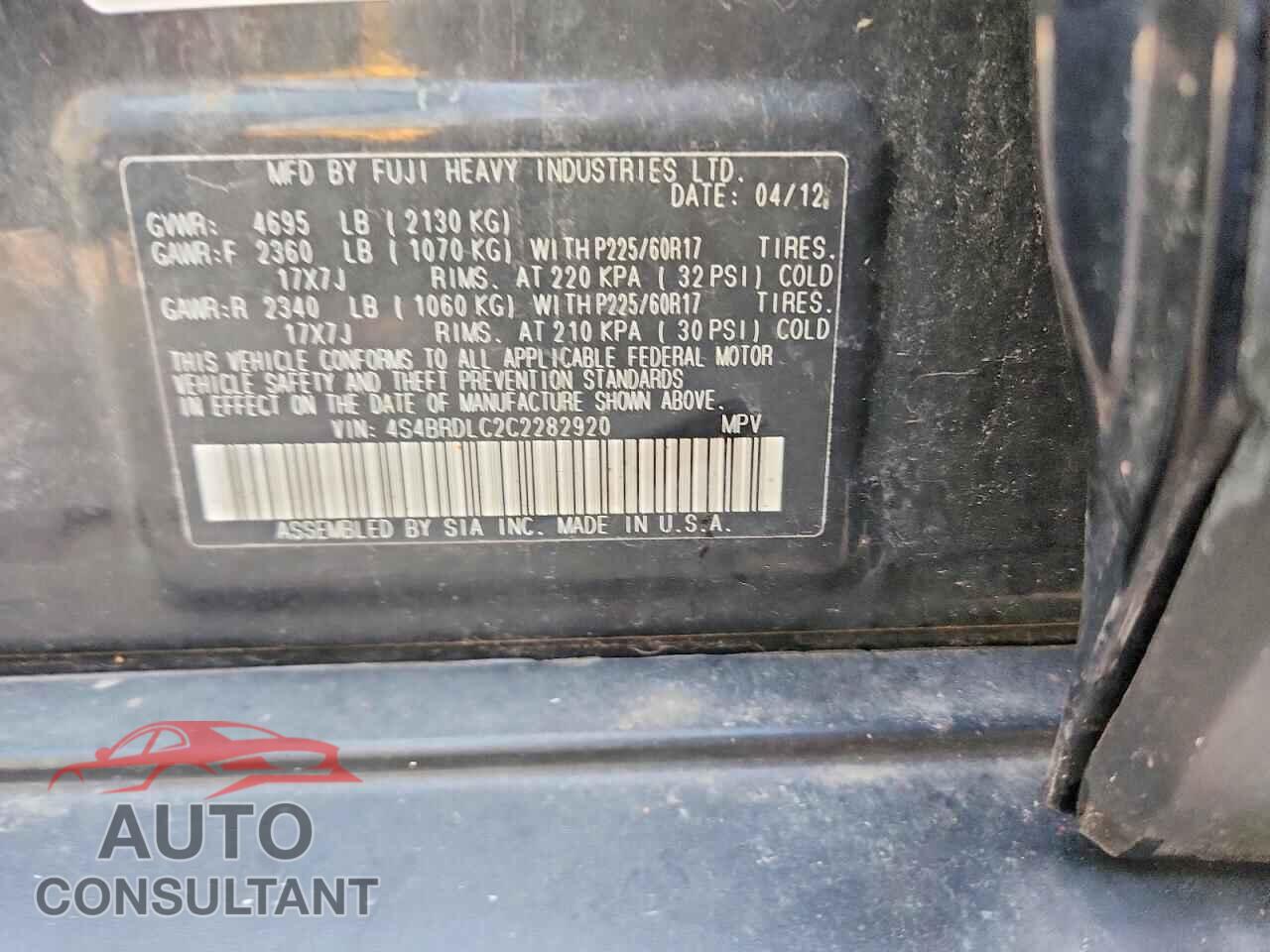 SUBARU OUTBACK 2012 - 4S4BRDLC2C2282920