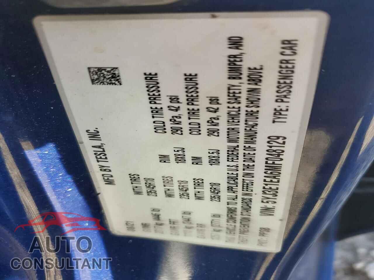 TESLA MODEL 3 2021 - 5YJ3E1EA6MF048129