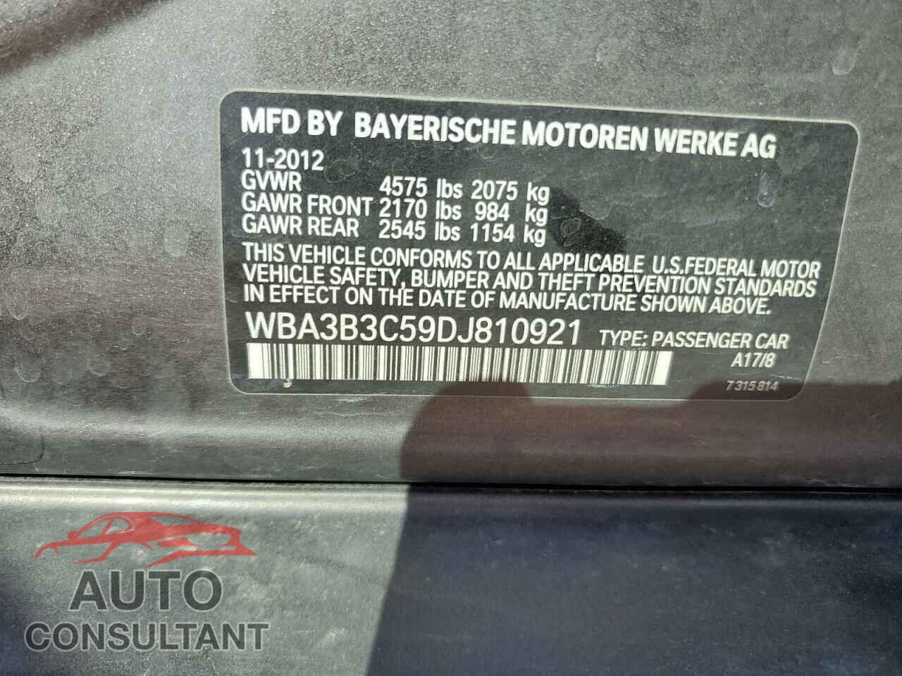 BMW 3 SERIES 2013 - WBA3B3C59DJ810921