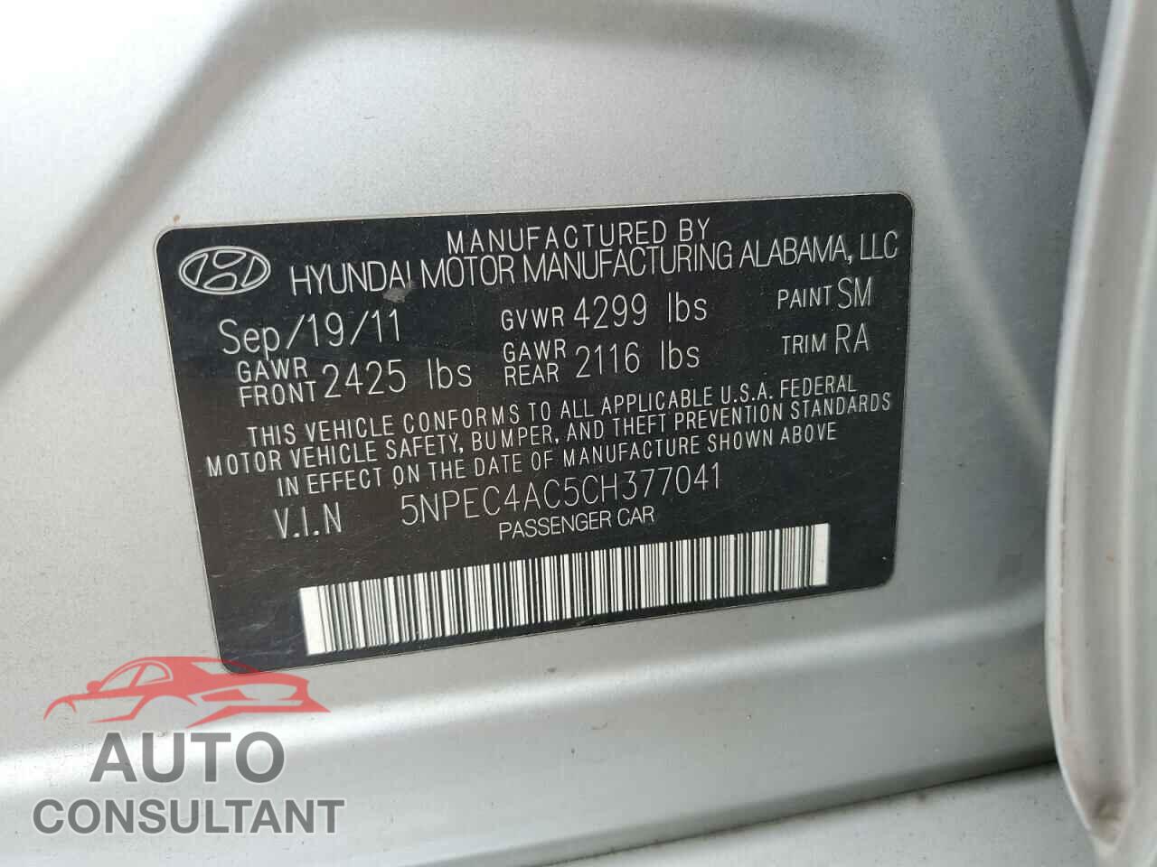 HYUNDAI SONATA 2012 - 5NPEC4AC5CH377041