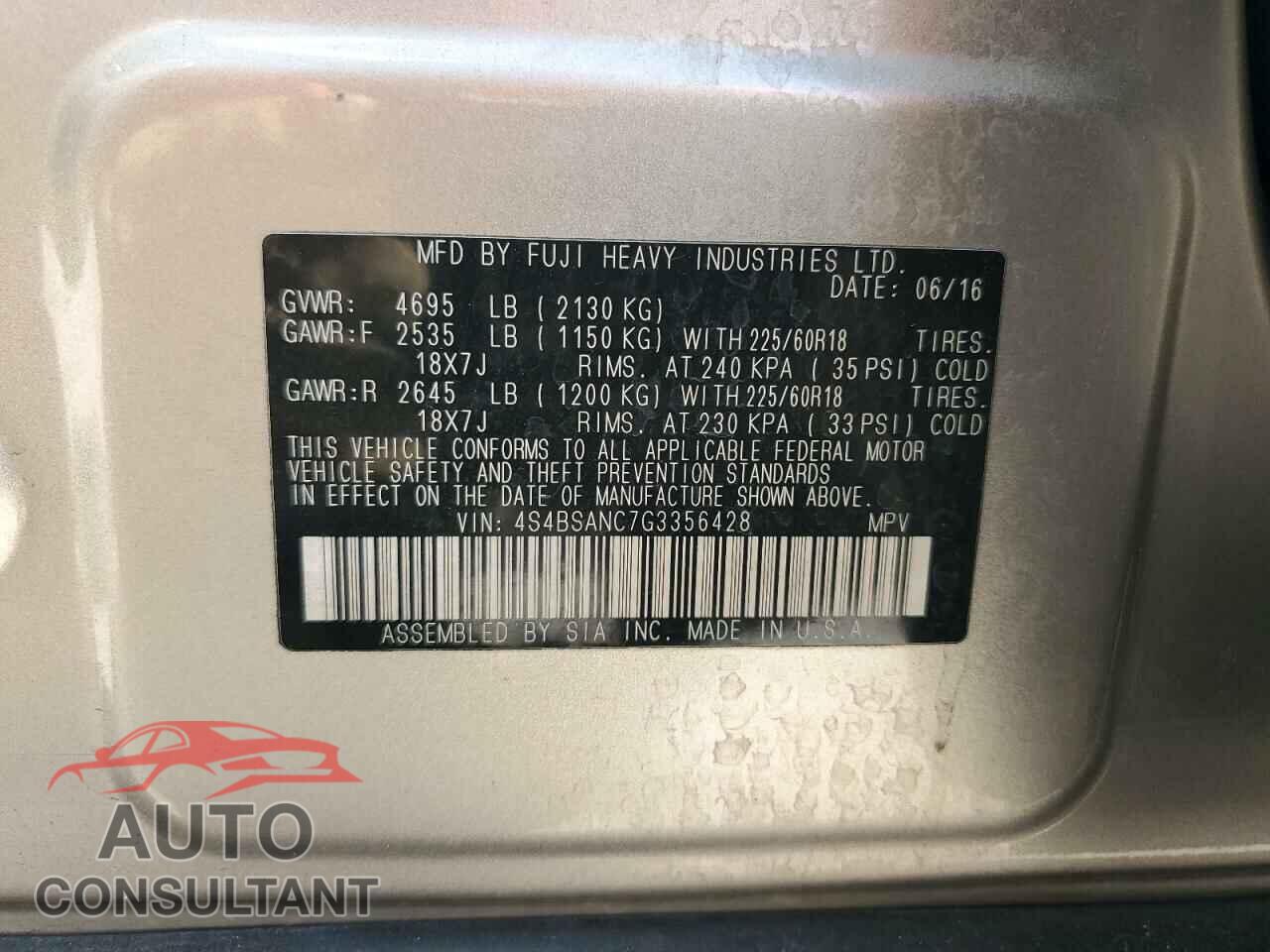 SUBARU OUTBACK 2016 - 4S4BSANC7G3356428