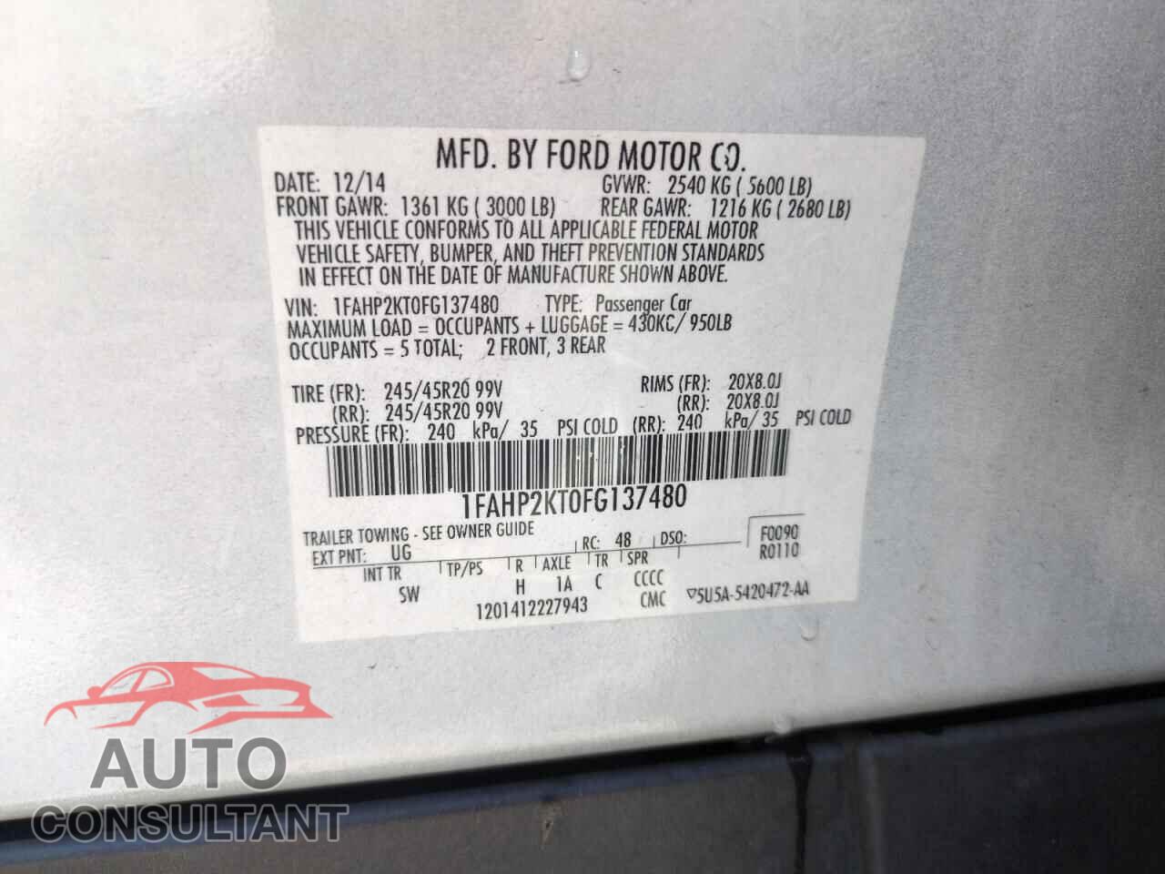 FORD TAURUS 2015 - 1FAHP2KT0FG137480