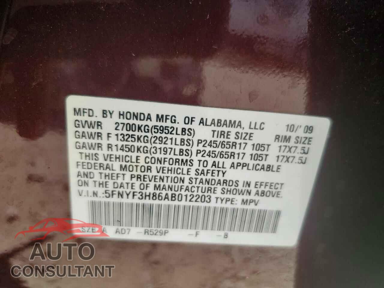 HONDA PILOT 2010 - 5FNYF3H86AB012203