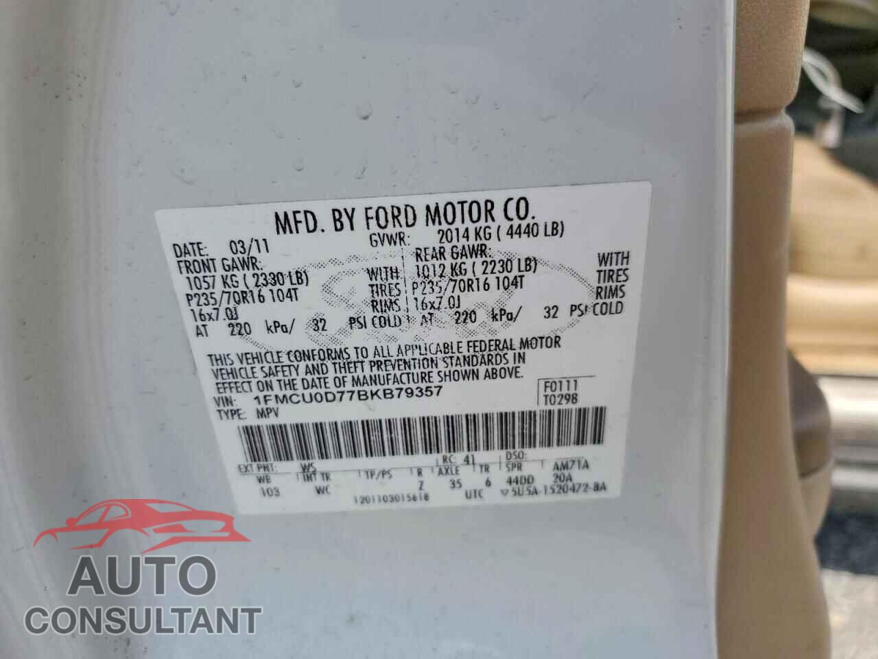 FORD ESCAPE 2011 - 1FMCU0D77BKB79357