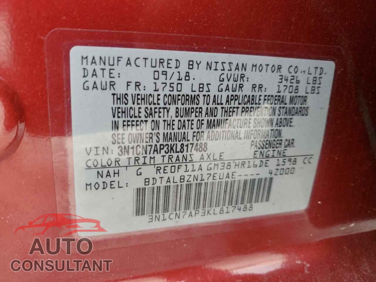 NISSAN VERSA 2019 - 3N1CN7AP3KL817488