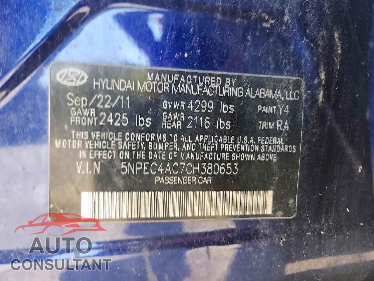 HYUNDAI SONATA 2012 - 5NPEC4AC7CH380653