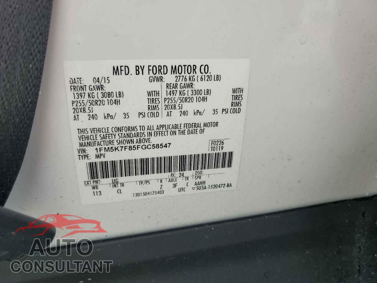 FORD EXPLORER 2015 - 1FM5K7F85FGC58547