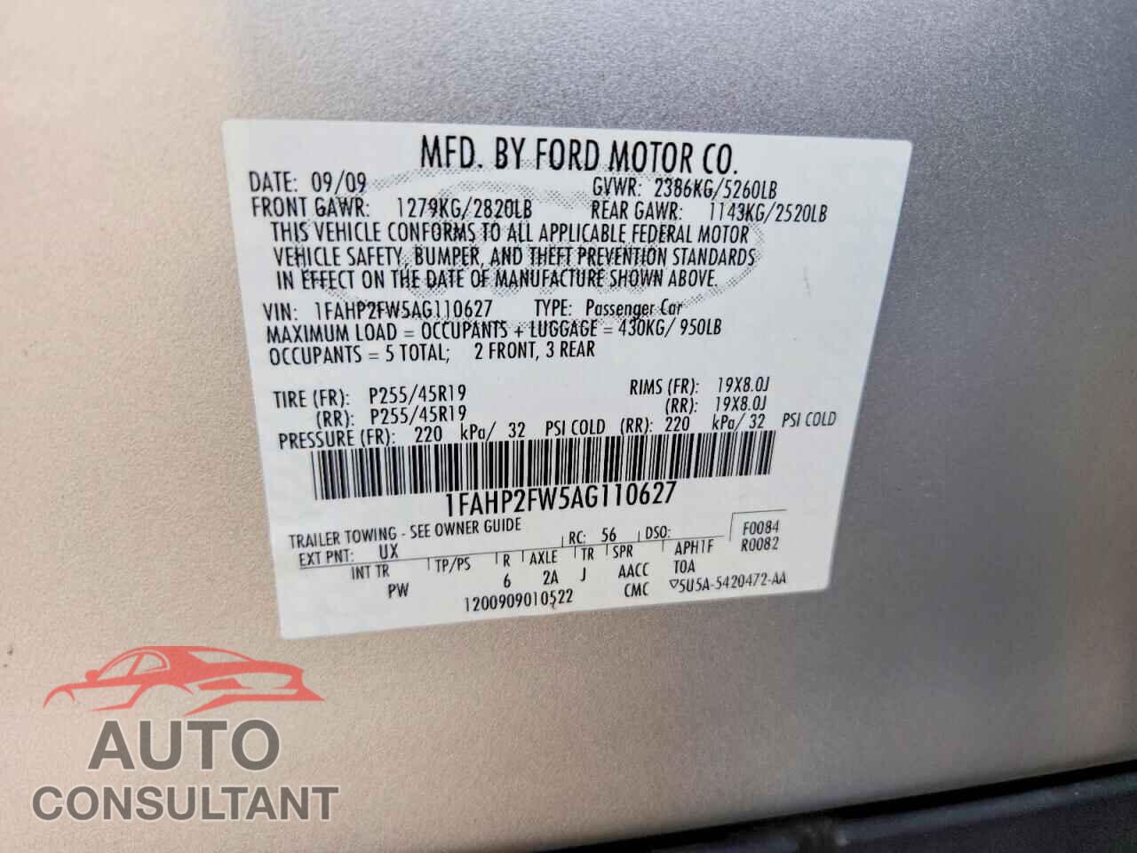 FORD TAURUS 2010 - 1FAHP2FW5AG110627