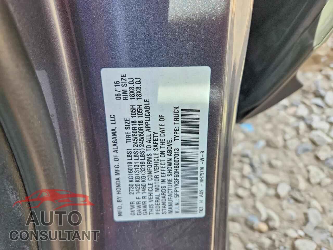 HONDA RIDGELINE 2017 - 5FPYK3F60HB007013