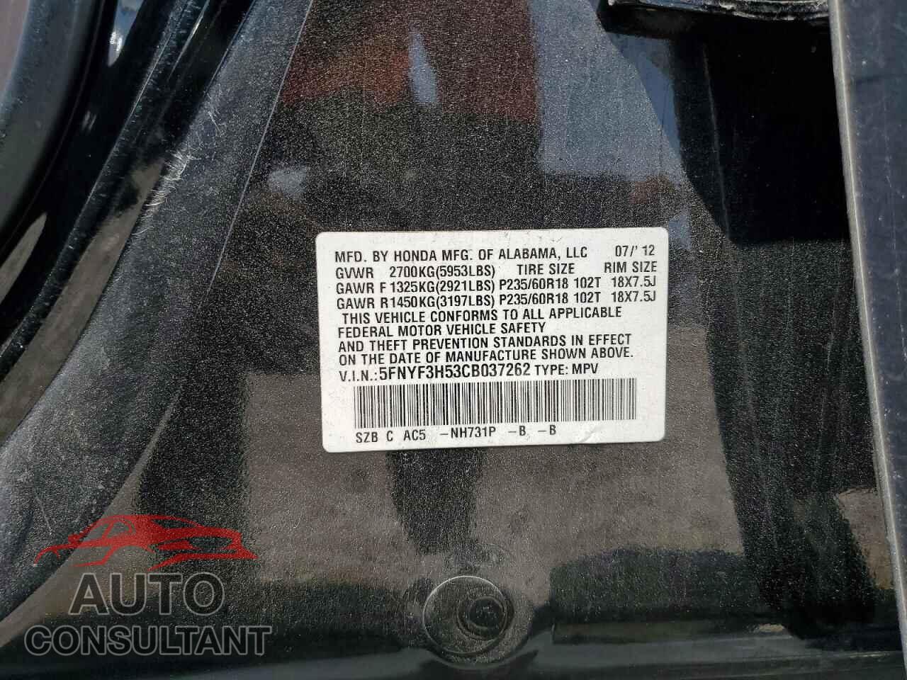 HONDA PILOT 2012 - 5FNYF3H53CB037262