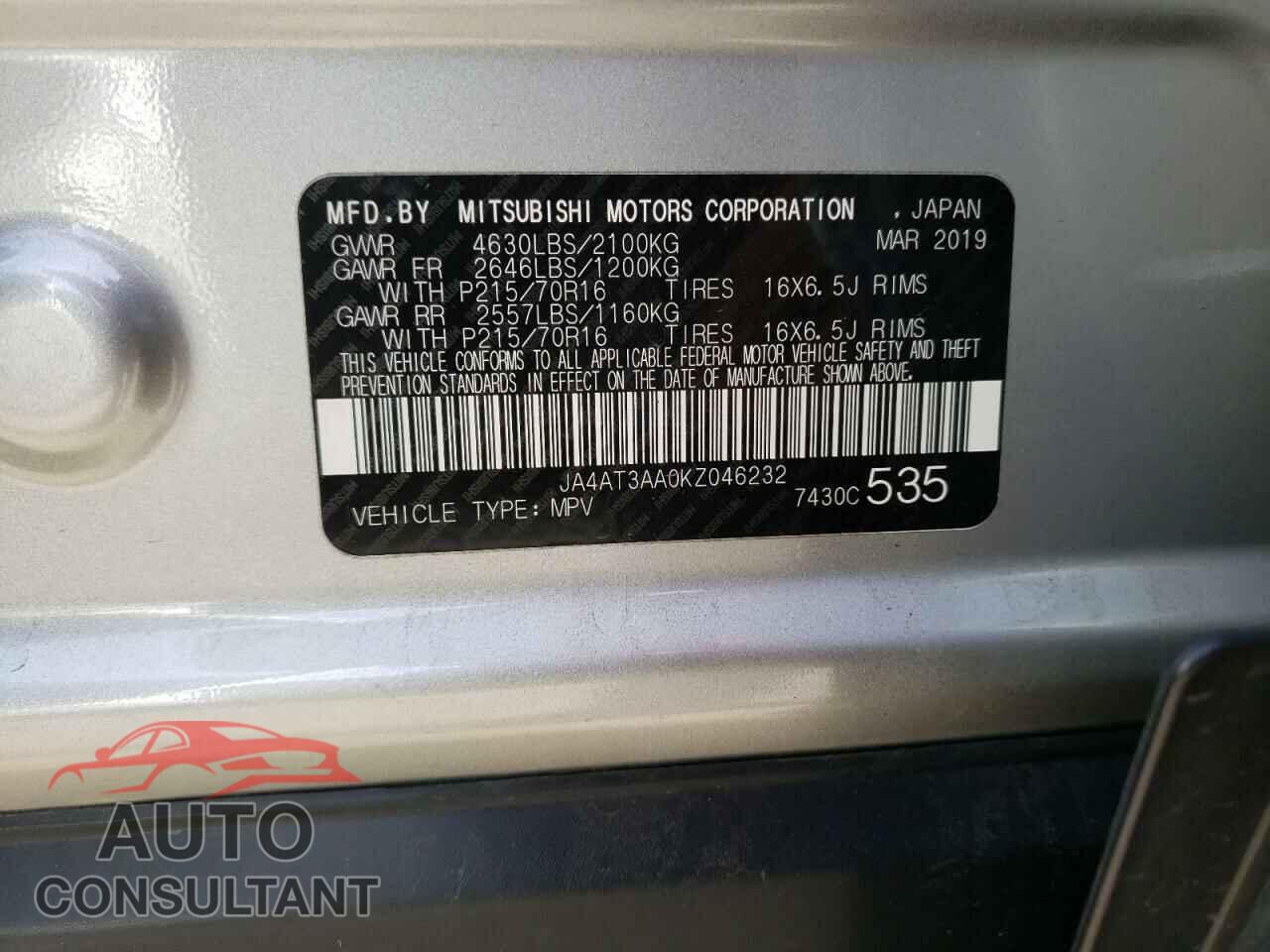 MITSUBISHI ECLIPSE 2019 - JA4AT3AA0KZ046232