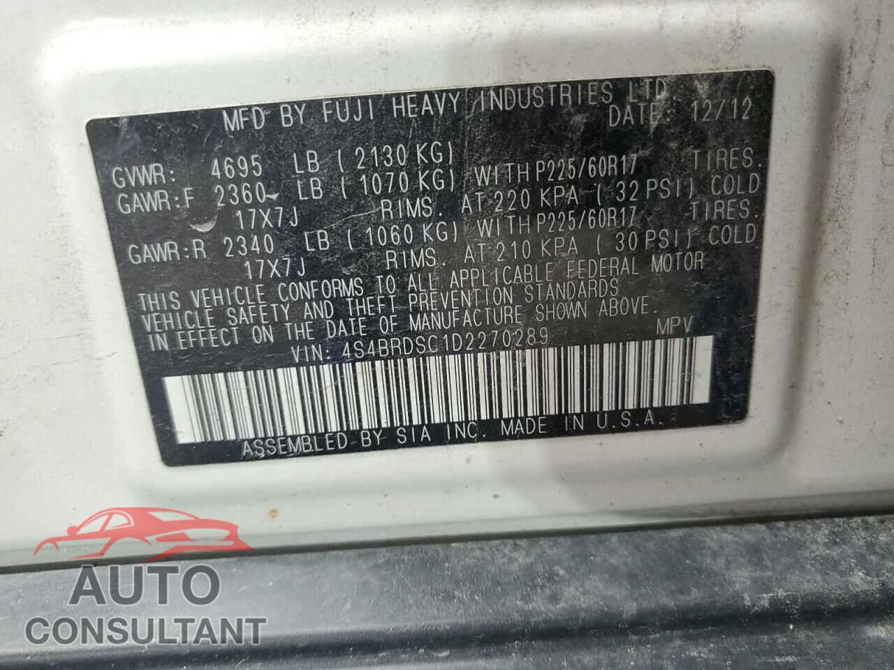 SUBARU OUTBACK 2013 - 4S4BRDSC1D2270289
