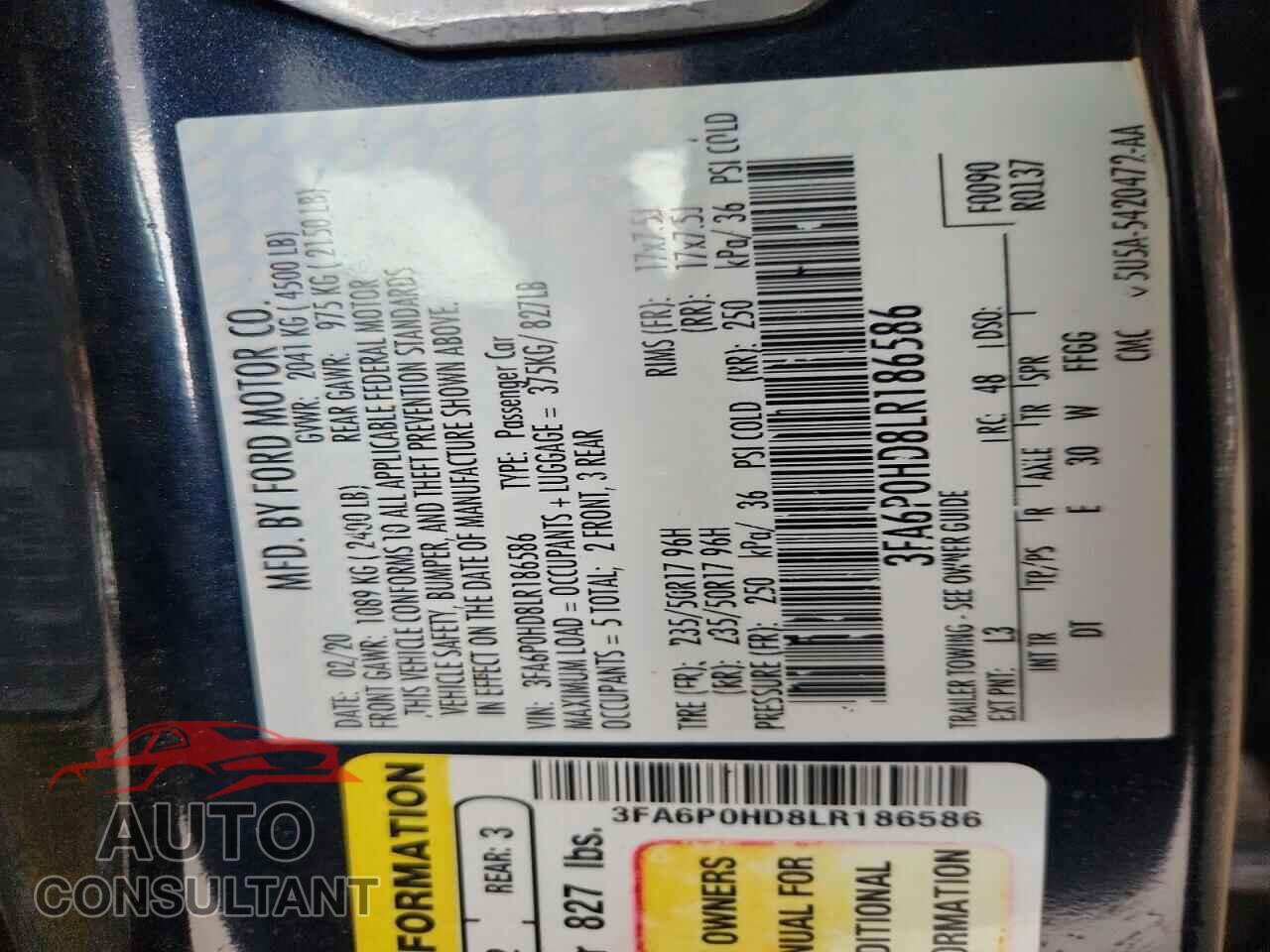 FORD FUSION 2020 - 3FA6P0HD8LR186586