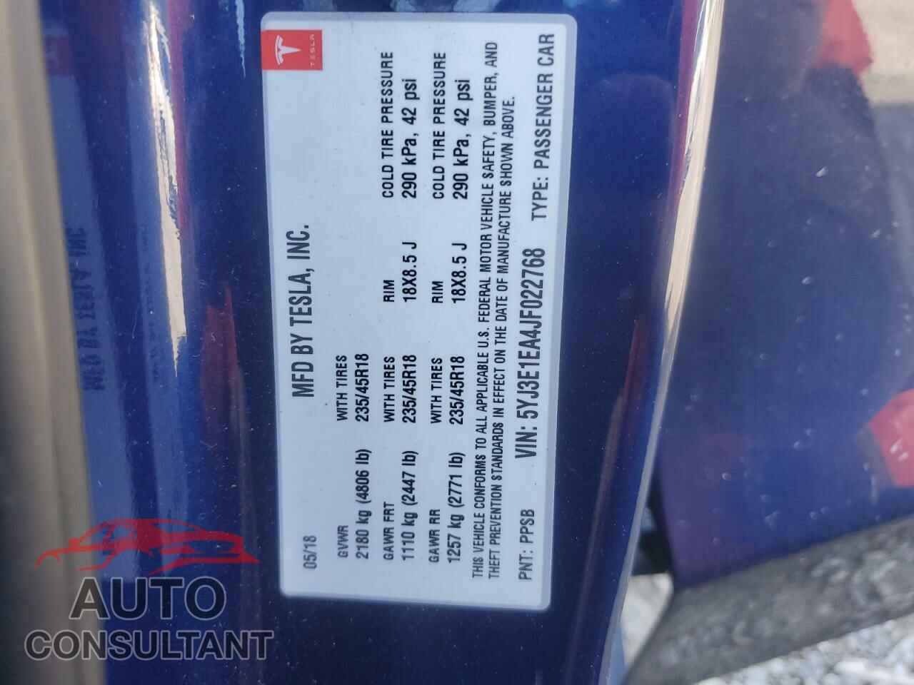 TESLA MODEL 3 2018 - 5YJ3E1EA4JF022768
