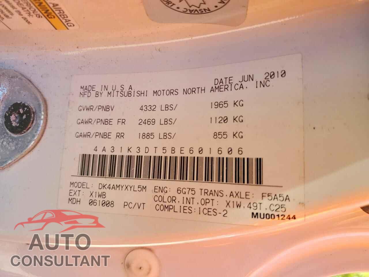 MITSUBISHI ECLIPSE 2011 - 4A31K3DT5BE601606