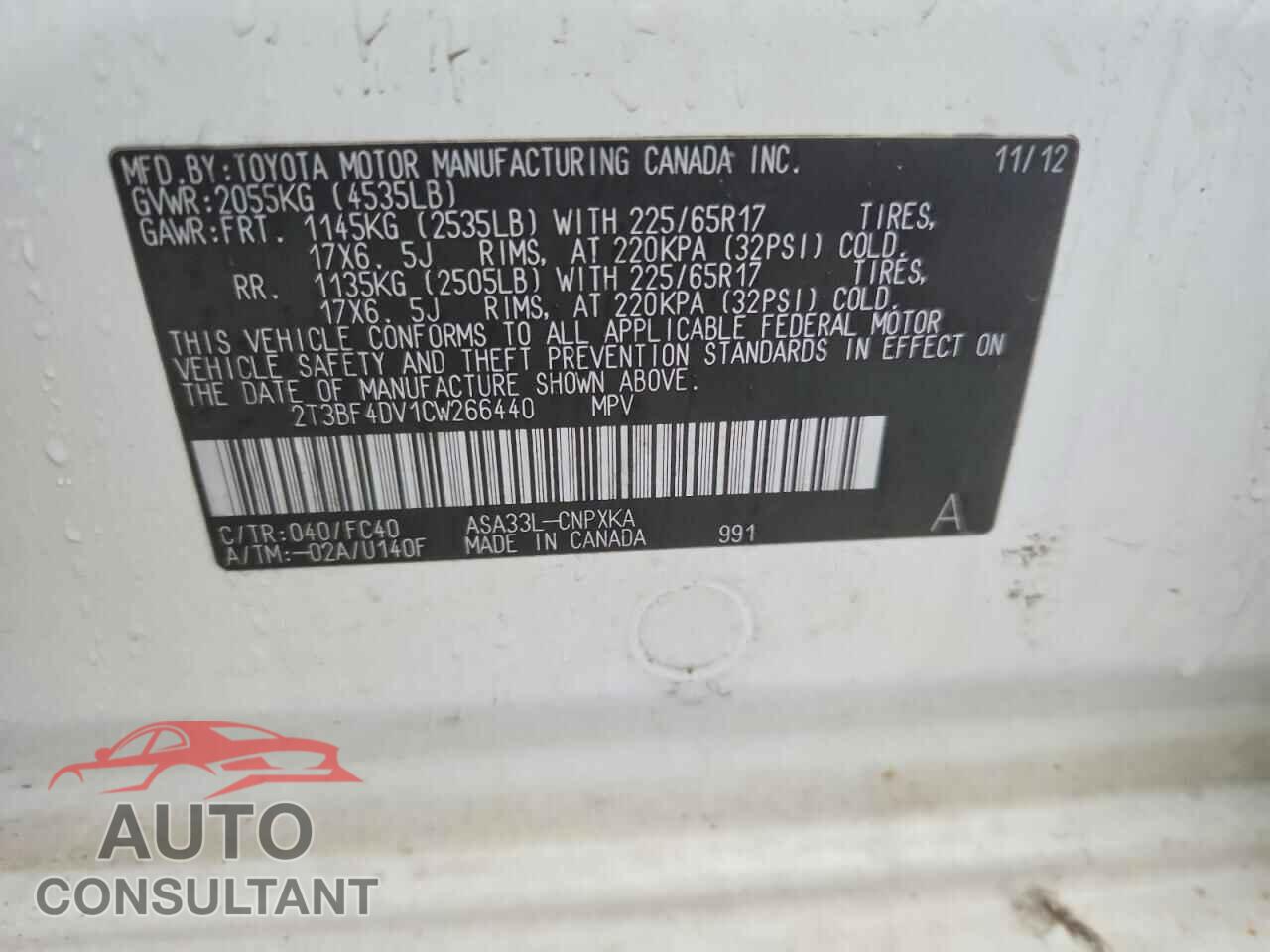TOYOTA RAV4 2012 - 2T3BF4DV1CW266440