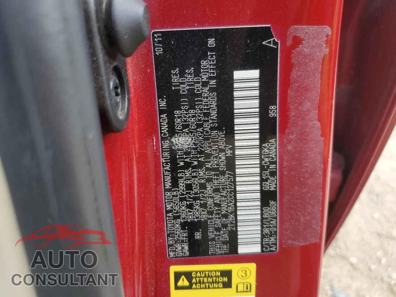 LEXUS RX350 2012 - 2T2BK1BA2CC127577