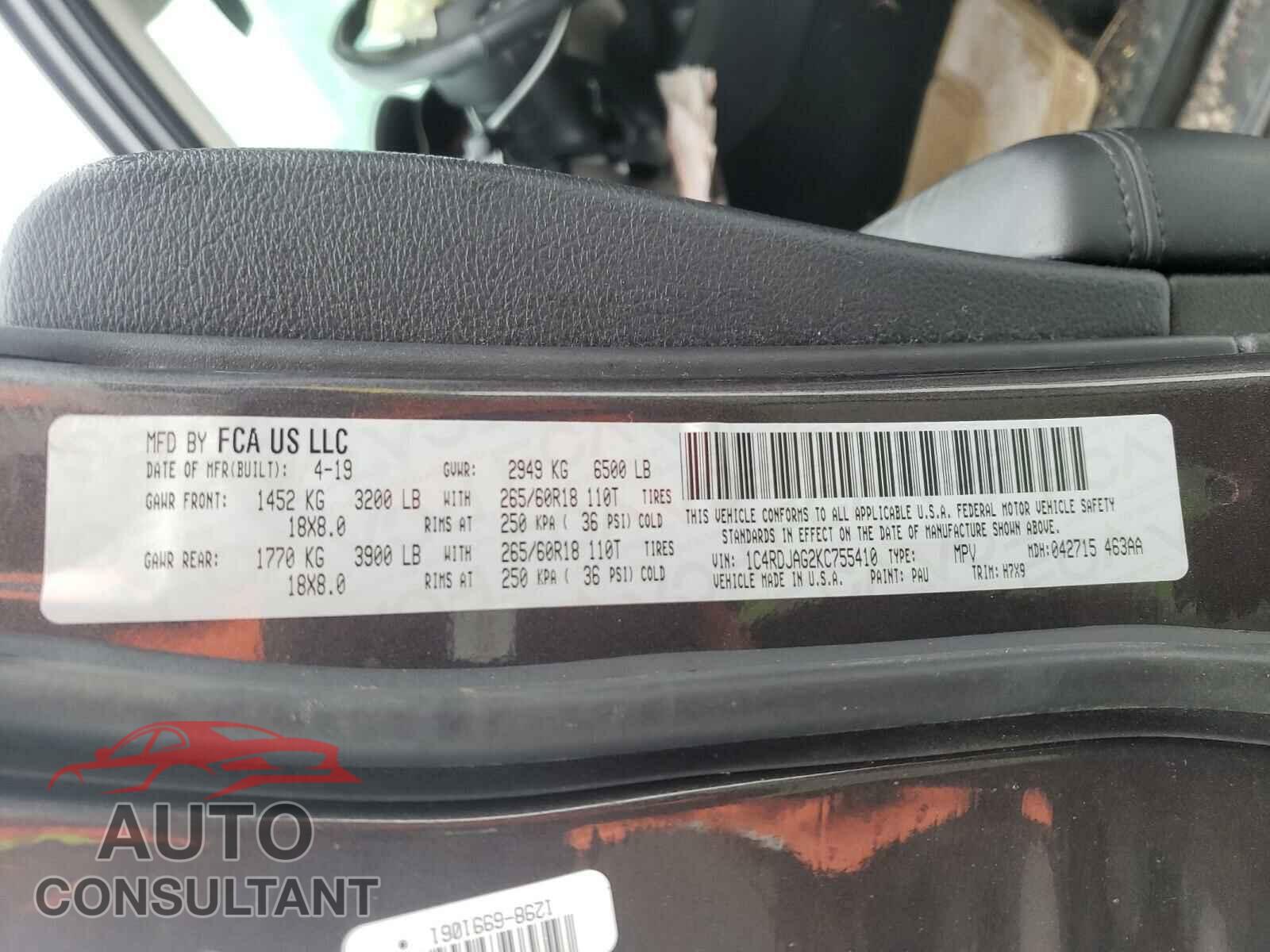 DODGE DURANGO 2019 - 1C4RDJAG2KC755410