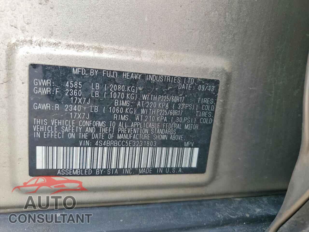 SUBARU OUTBACK 2014 - 4S4BRBCC5E3231803