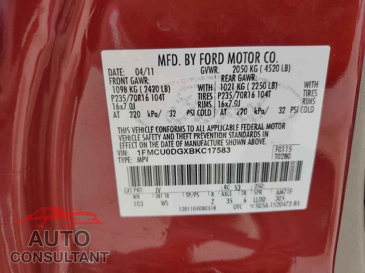 FORD ESCAPE 2011 - 1FMCU0DGXBKC17583
